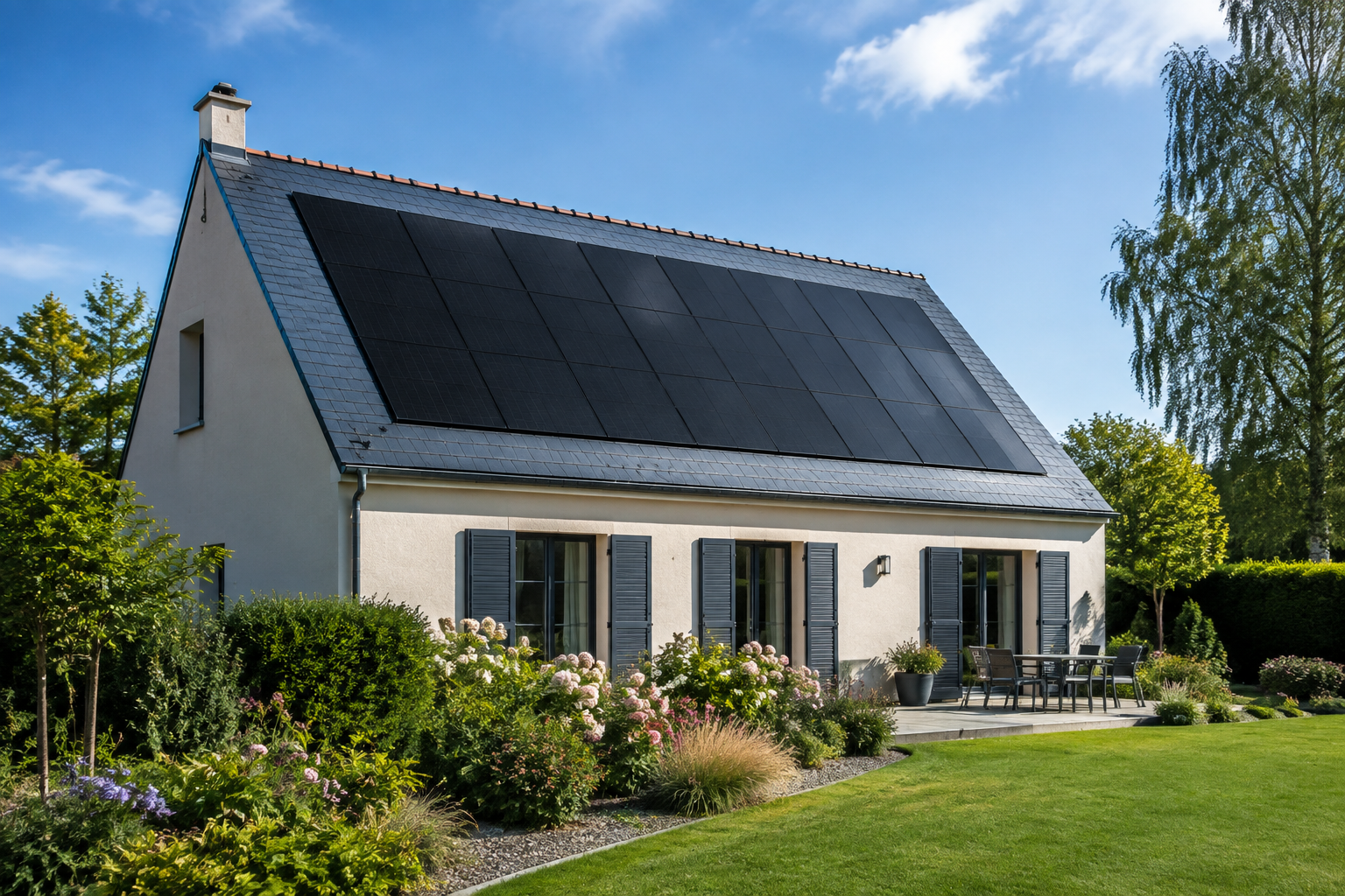 Maison avec toiture ardoise et panneaux photovoltaïques full black